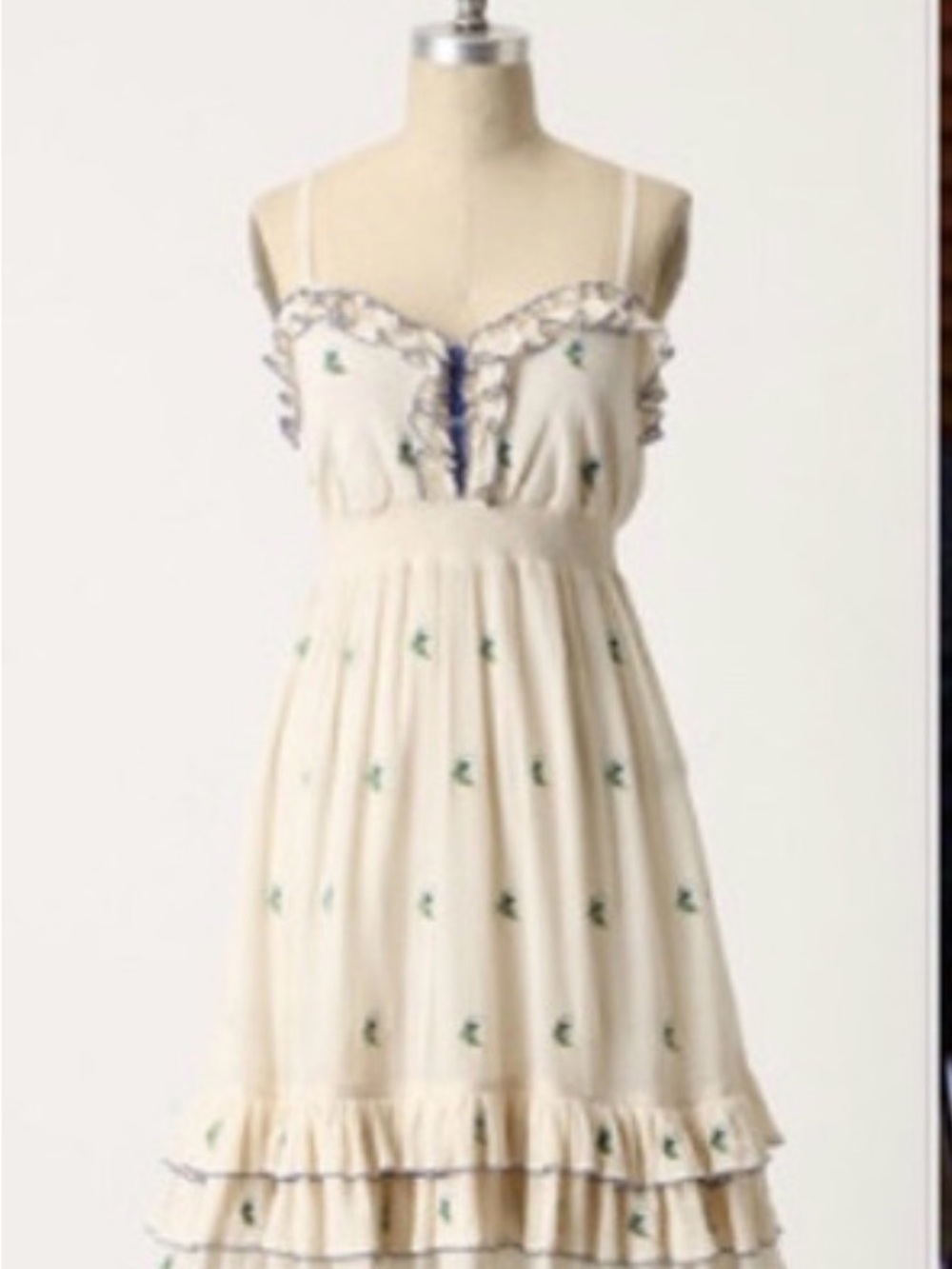 Anthropologie  Floreat Cream Ruffled Spaghetti Strap Dress with Green Embroidery